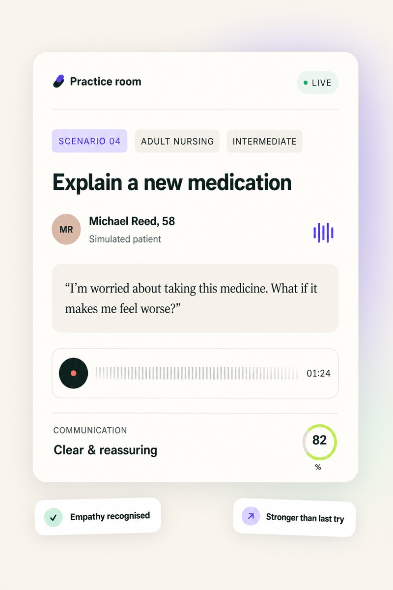 MoveLuma nursing communication practice room showing a simulated medication conversation, recording timeline, communication feedback, and a score of 82